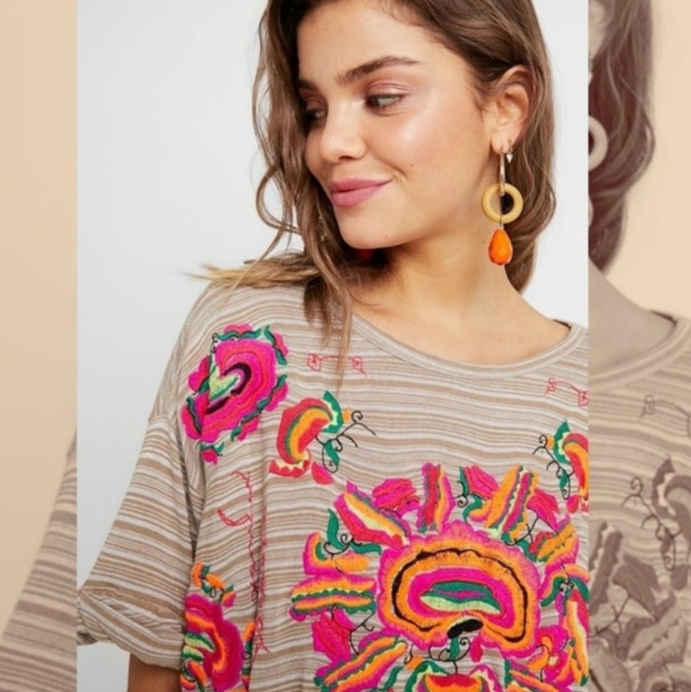 Free People Catalunya Embroidered Oversized Cropped Top in Mushroom Combo Size L - Picture 8 of 16